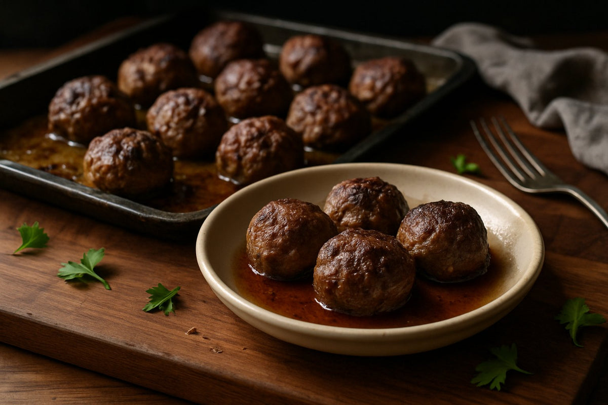 Gehaktballen uit de oven met jus van de bakplaat