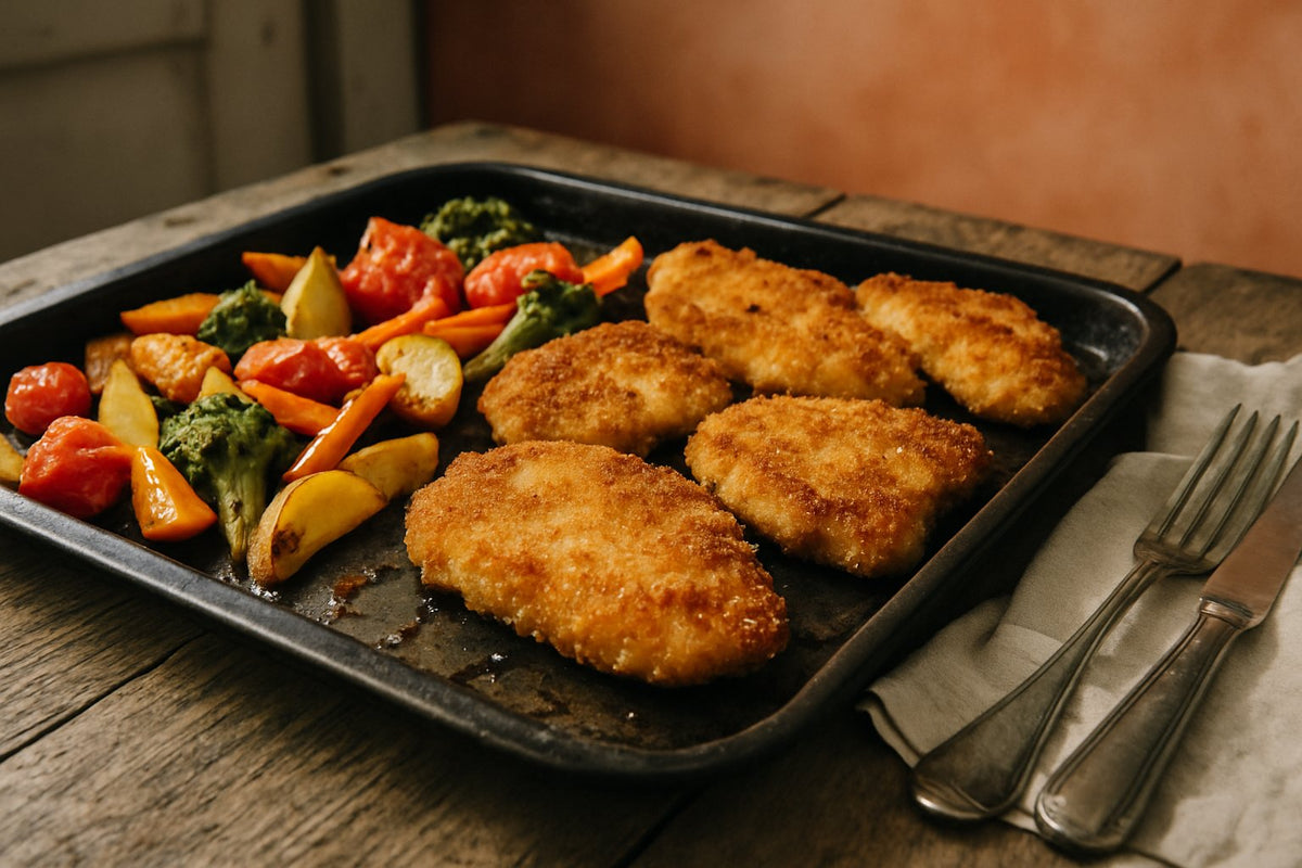 Kipschnitzel met groenten van de ovenplaat