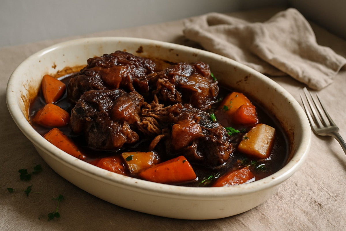 Ossenstaart met wortel en pastinaak uit de oven
