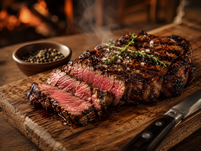 Perfect gebakken entrecote, aangesneden met een sappige kern
