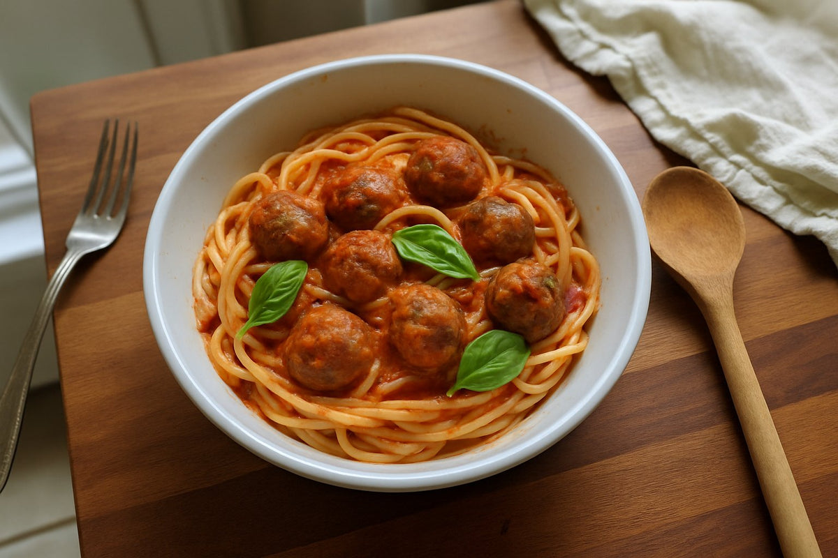 Spaghetti met gehaktballetjes in tomatensaus