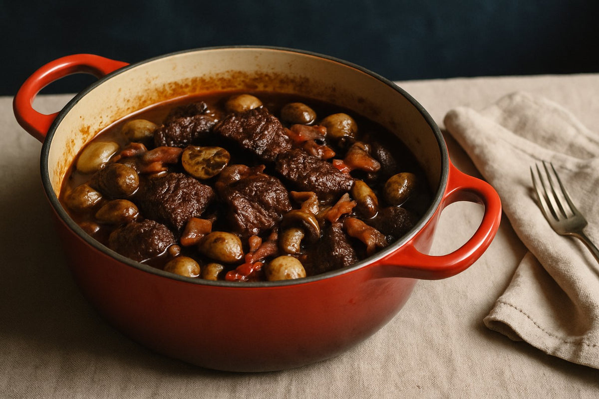 Boeuf bourguignon: stoofpot met rode wijn en spek