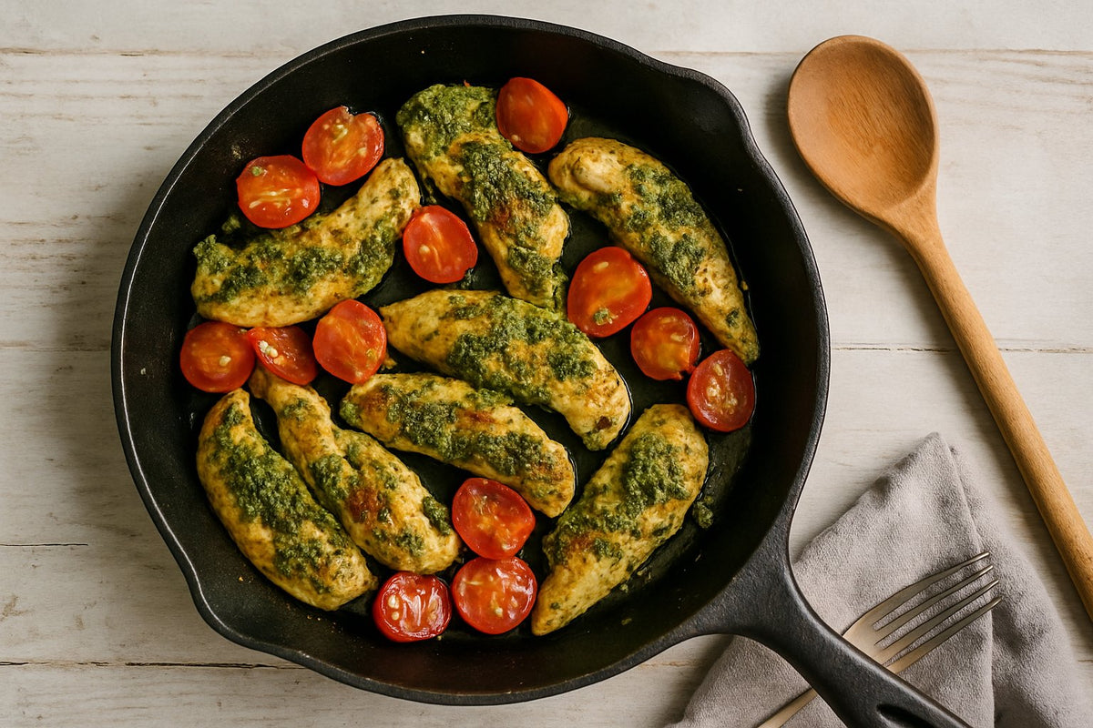 Kiphaasjes met pesto en cherrytomaatjes