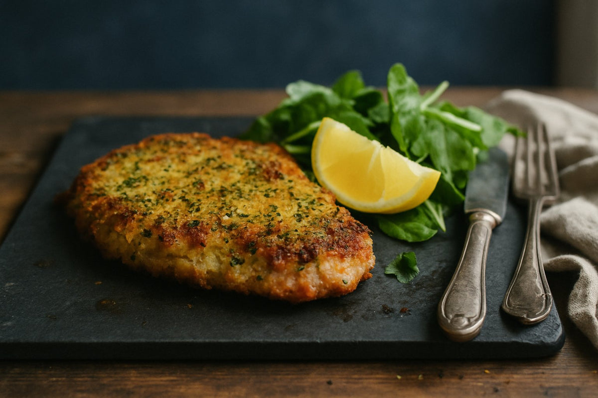 Varkensschnitzel met kruidenkorst uit de oven